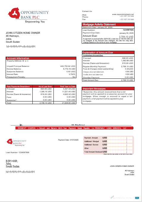 Download South Sudan Opportunity bank mortgage statement in Word and PDF formats Photoshop template